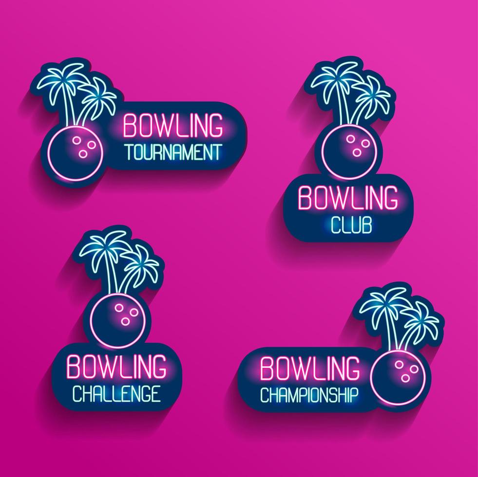 set neon-logo's in roze-blauwe kleuren met vallende schaduwen. verzameling van 4 vectorillustraties voor tropisch bowlen voor toernooi, uitdaging, kampioenschap, club met een bowlingbal en palmbomen. vector