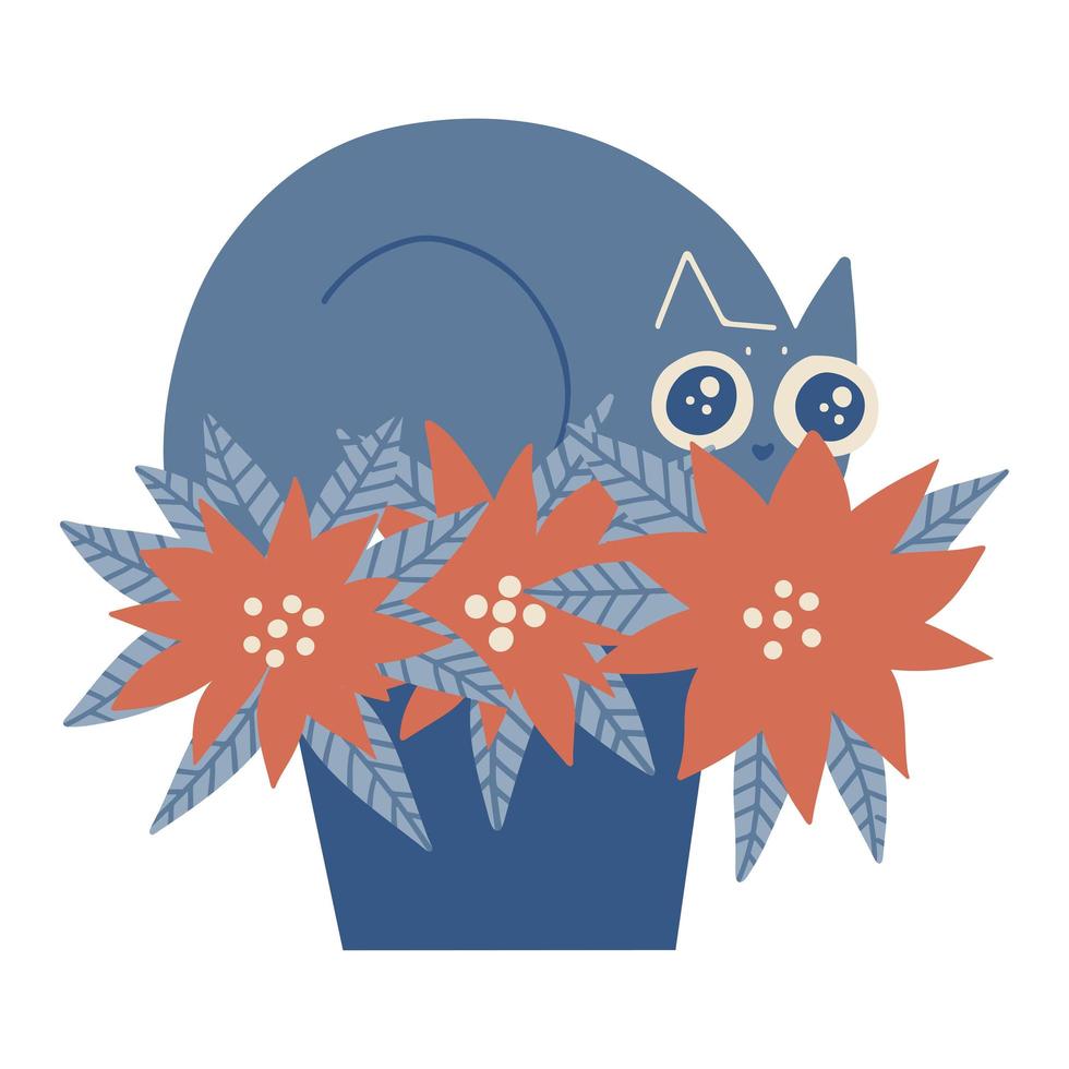 kerst schattige kat zit in poinsettia pot. prettige kerstdagen en gelukkig nieuwjaar geïsoleerd element uit de vrije hand. platte vectorillustratie. slechts 5 kleuren - gemakkelijk opnieuw te kleuren. vector