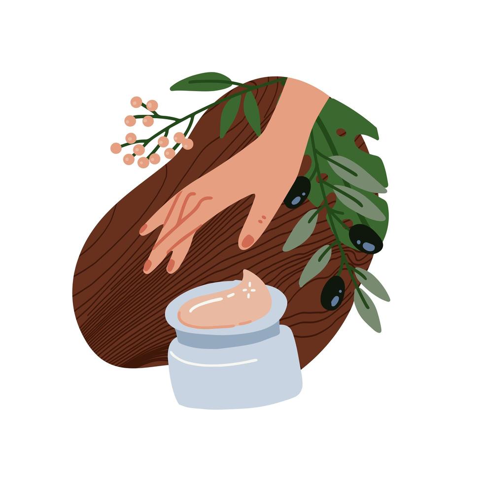 natuurlijke cosmetica van biologische planten. vrouwelijke hand die reikt naar een pot gezichtscrème. groene bladeren en fles. set van spa bio crèmes. stijlvol geïsoleerd concept. platte vectorillustratie. vector