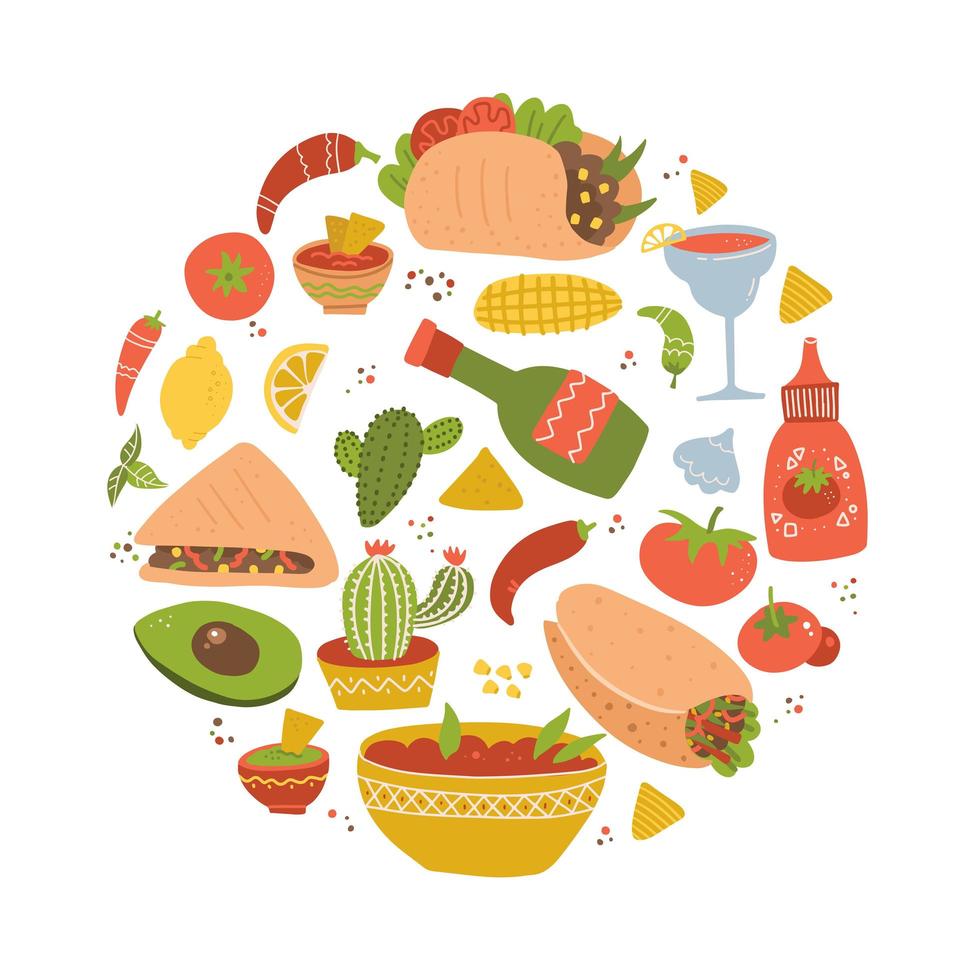 kleurrijke hand getekende set Mexicaans eten cartoon smakelijke objecten, symbolen en items - taco, burrito, margarita, cactus. ronde vorm samenstelling. platte vectorillustratie. vector