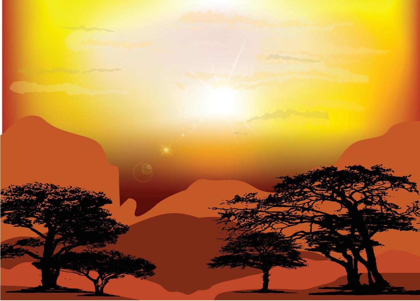 zonsopgang in de woestijn met silhouet van agavestengels en rotsen en dieprode kleuren van de zon vector