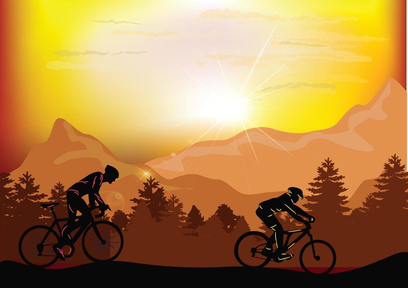 silhouet van twee mannen op fietsen vector