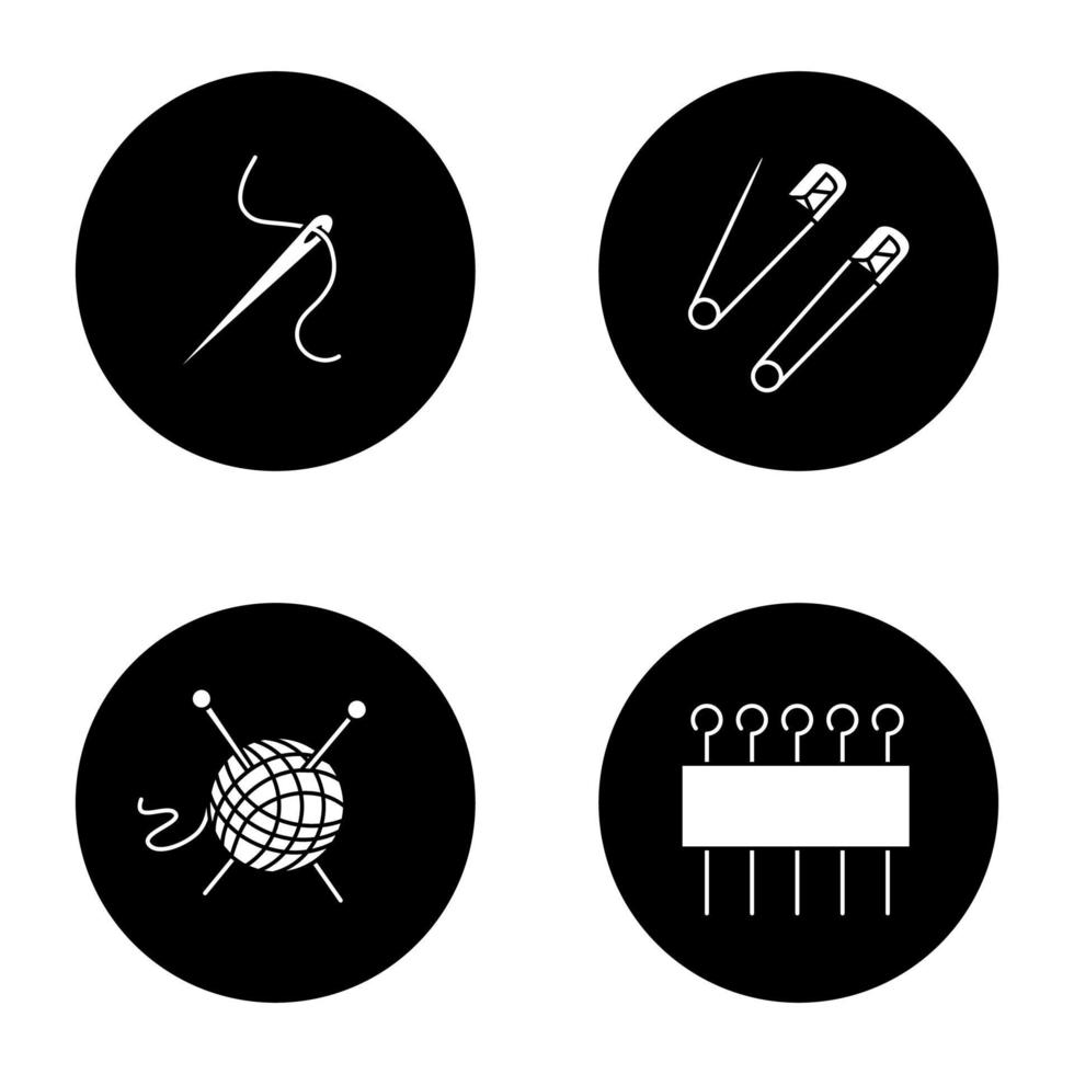 afstemming van glyph-pictogrammen instellen. naald met draad, veiligheids- en oogspelden, breibenodigdheden. vector witte silhouetten illustraties in zwarte cirkels