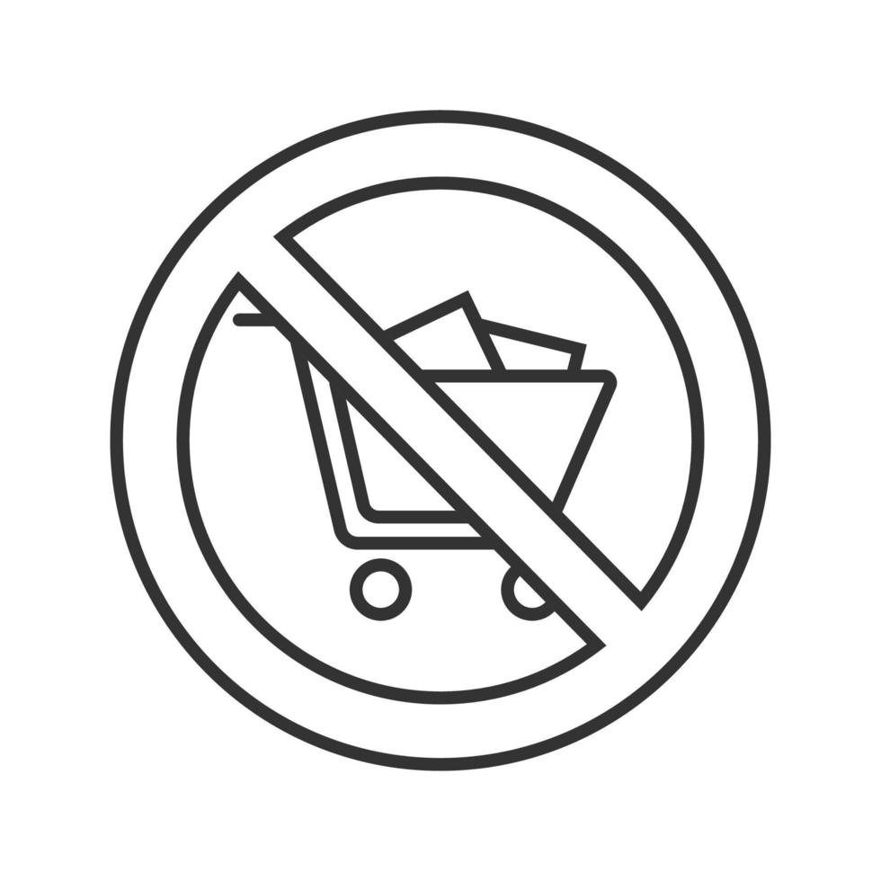 verboden bord met winkelwagen lineaire pictogram. dunne lijn illustratie. geen winkelwagentjesverbod in supermarkt. stop contour symbool. vector geïsoleerde overzichtstekening