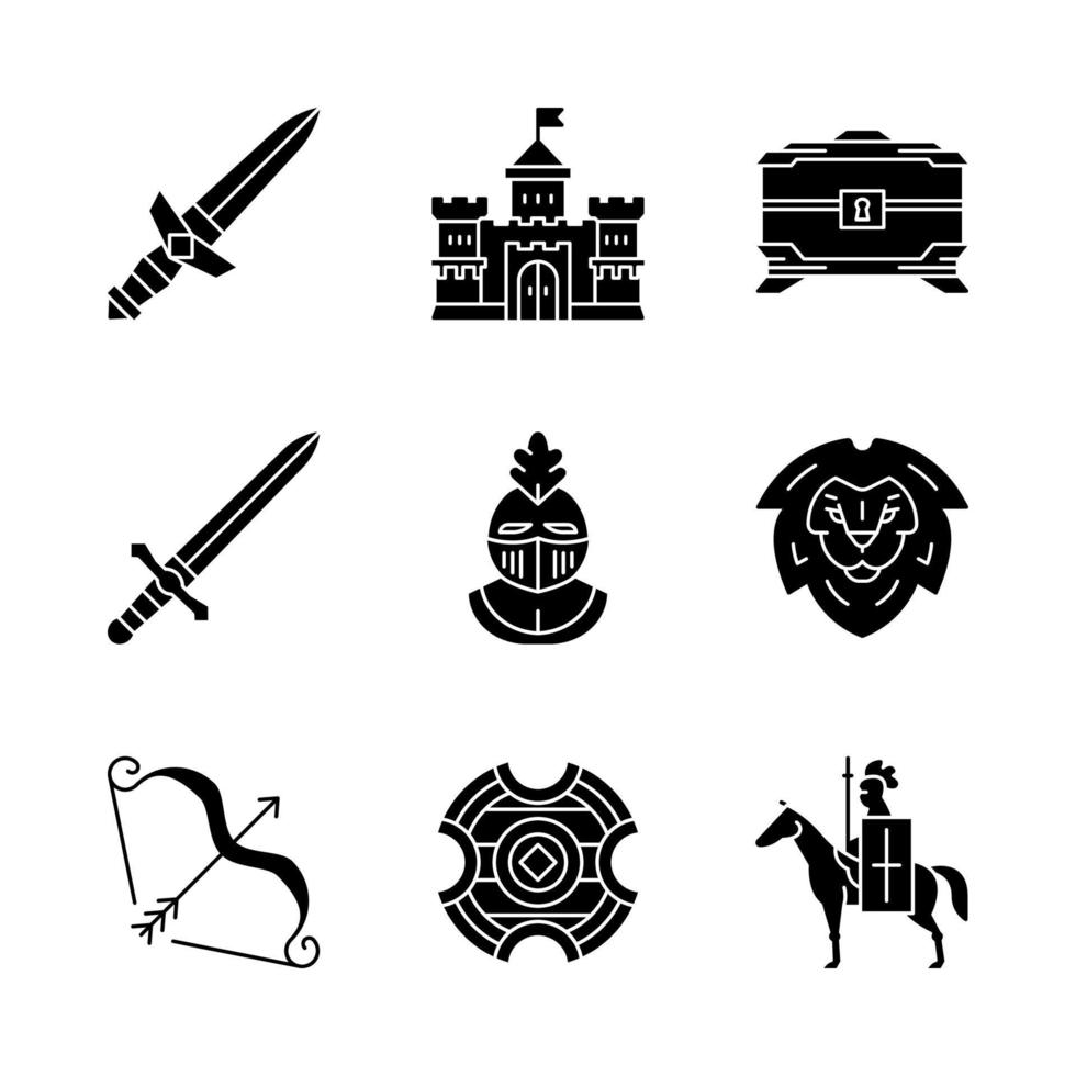 middeleeuwse glyph pictogrammen instellen. dolk, koningskasteel, schatkist, ridderhelm, leeuwenkop, pijl en boog, strijdschild, ridder te paard en lans. silhouet symbolen. vector geïsoleerde illustratie