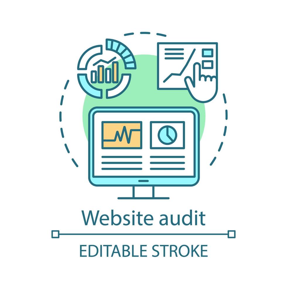 website audit concept icoon. seo analytics idee dunne lijn illustratie. digitale marketing. zoekoptimalisatiestrategie. inhoudscontrole. webstatistieken. vector geïsoleerde overzichtstekening. bewerkbare streek