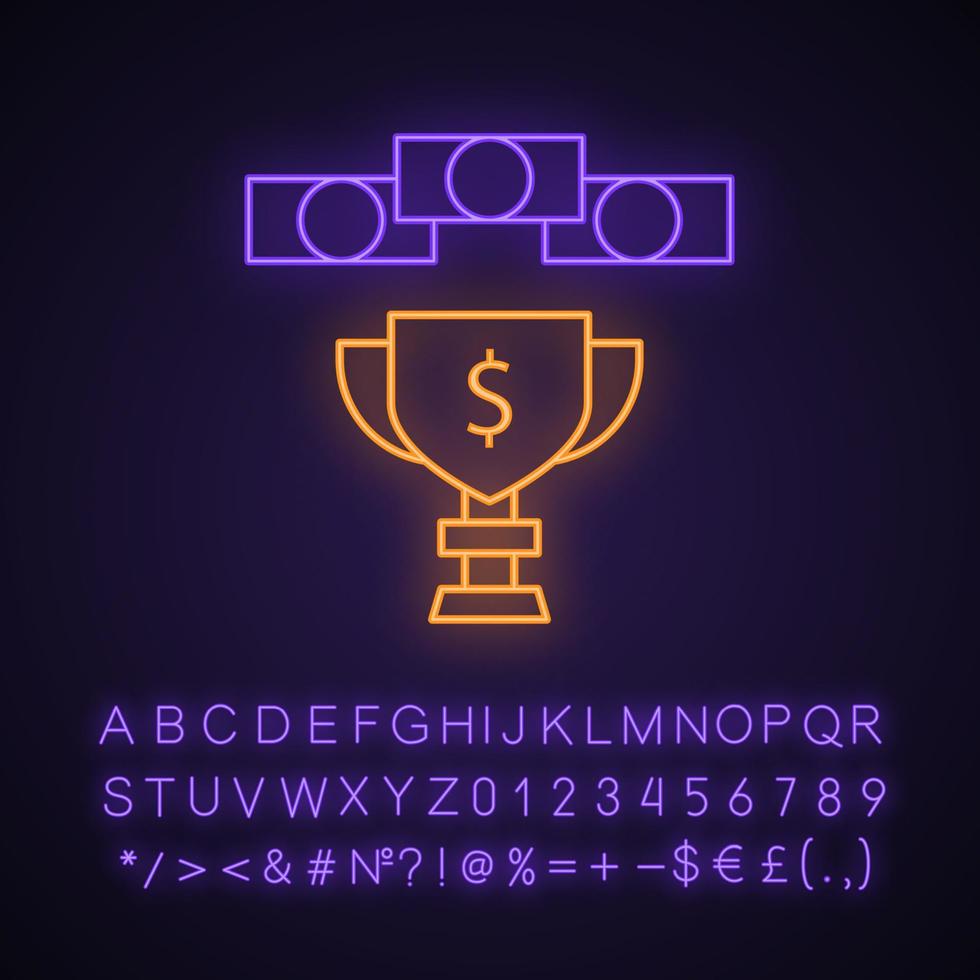 prijzengeld neonlicht icoon. esports toernooi. gamer winnende beker met contant geld. winnaar pot van het spel. kampioen trofee. gloeiend bord met alfabet, cijfers en symbolen. vector geïsoleerde illustratie