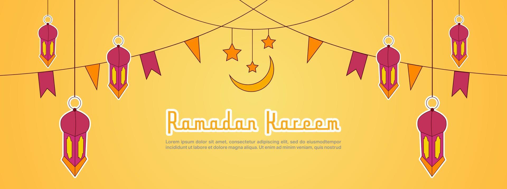 ramadan kareem horizontale vectorbanner. moslim religie heilige maand platte banner kopie ruimte vectorillustratie. banner met lampen decoratie. vector