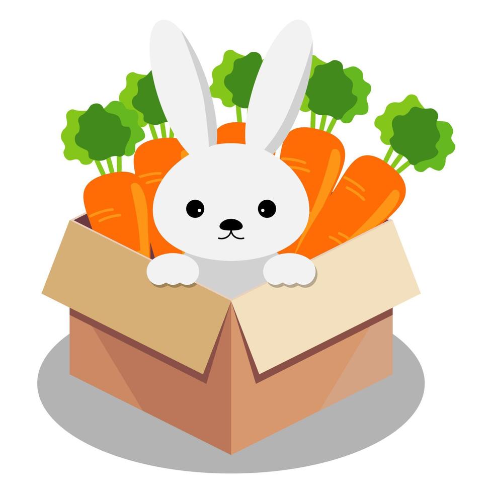 Pasen konijn en wortelen in bardboard doos. vector