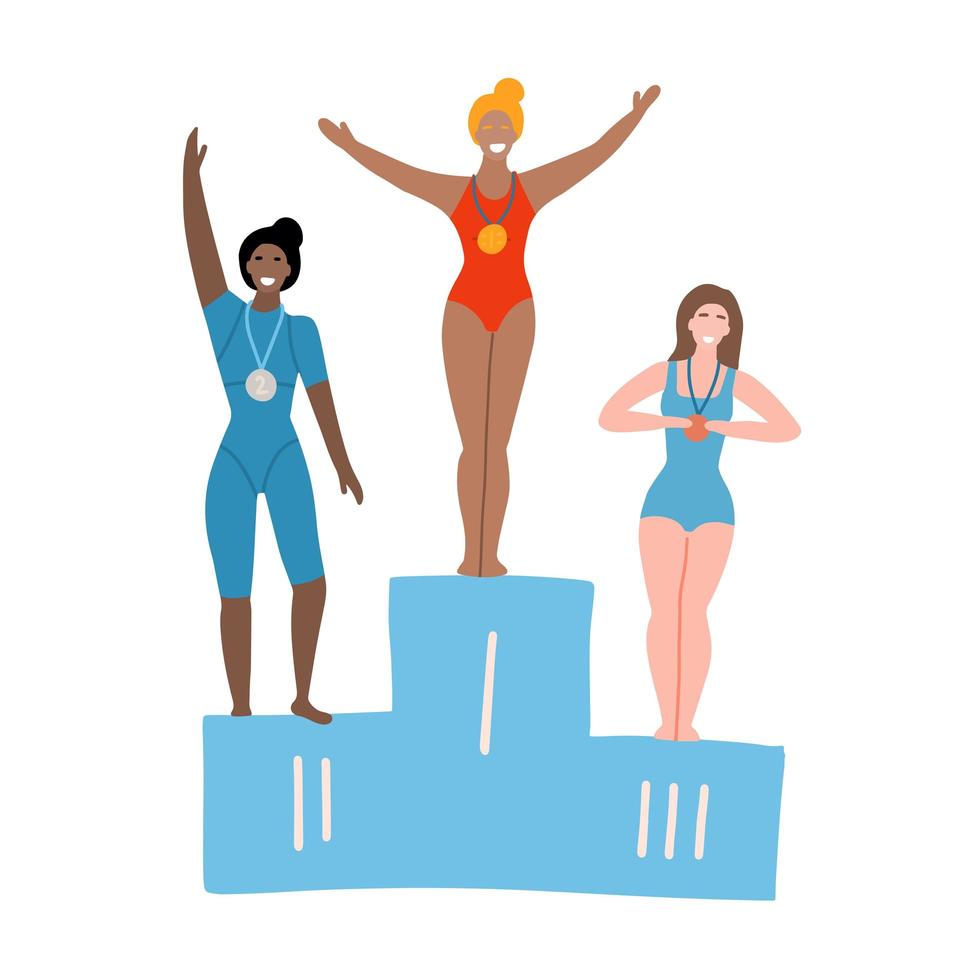 vrouwelijke atleten ontvangen medailles. vrouwelijke zwemmers van verschillende rassen op het podium. platte hand getekende vectorillustratie. vector