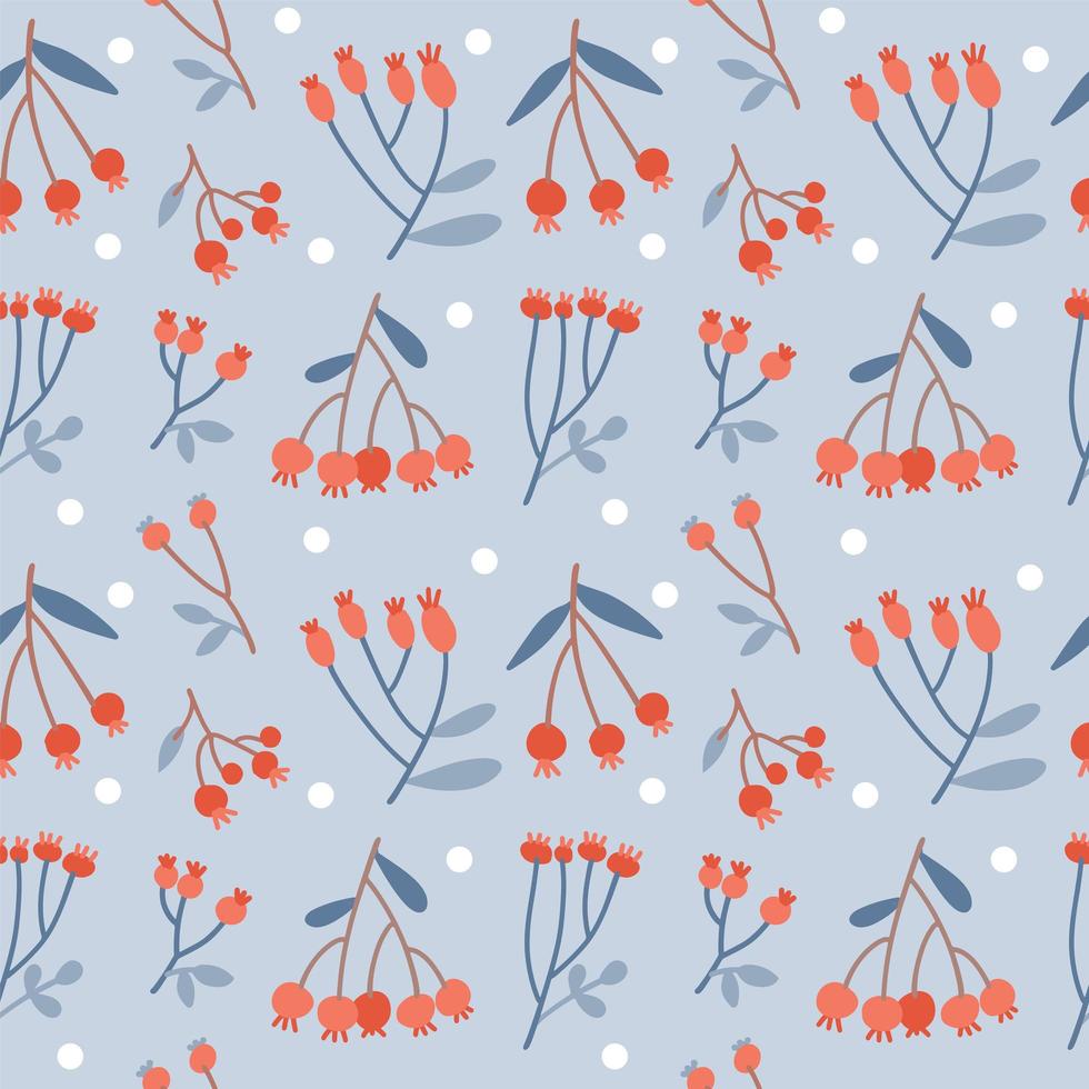 Kerstmis naadloos patroon met rode bessen op takken, bladeren en twijgen. feestelijke planten versierd voor Nieuwjaar en Kerstmis, decoratie op blauwe achtergrond. platte vectorillustratie in Scandinavische stijl. vector