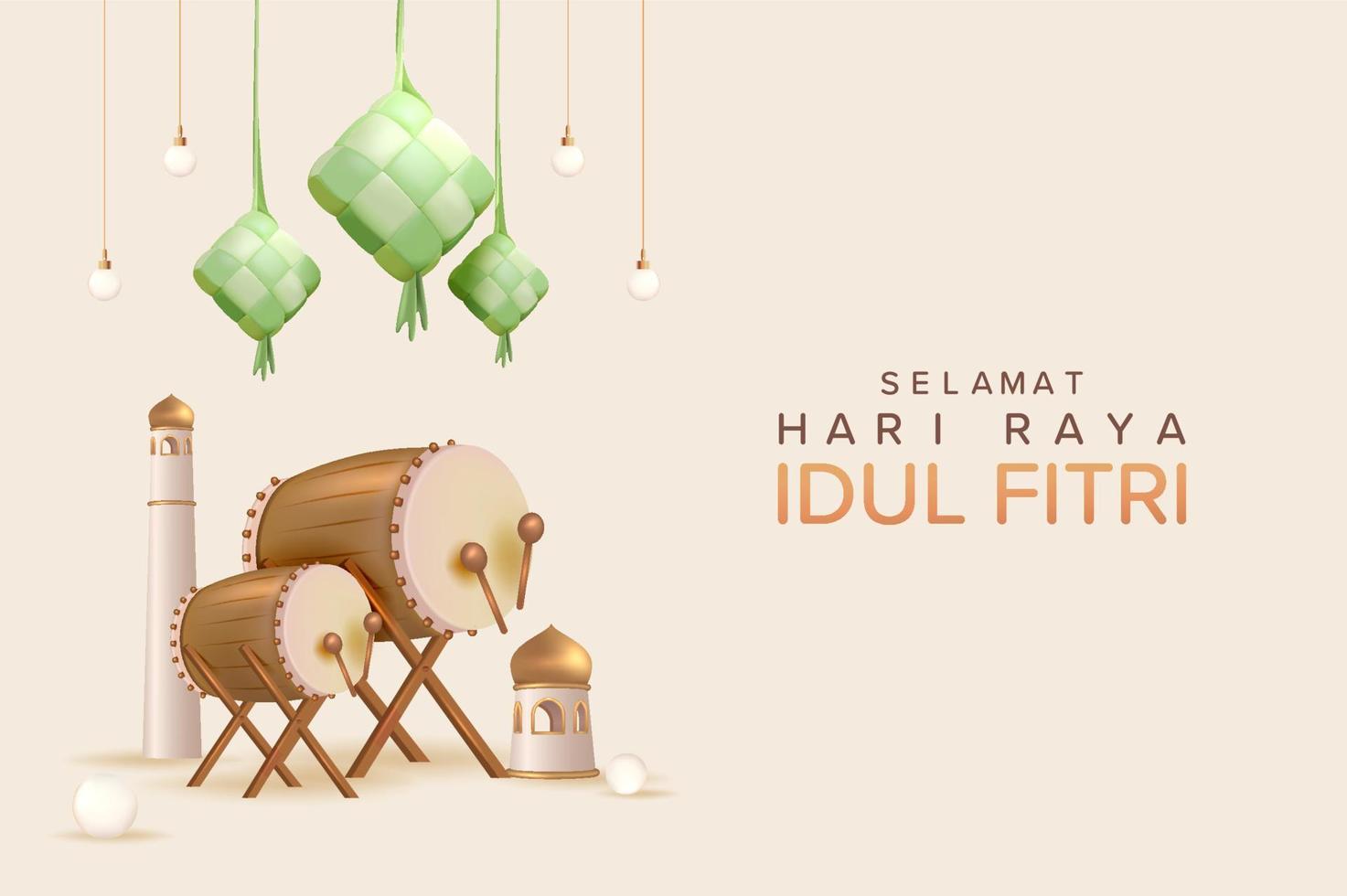 eid mubarak-display met hangende ketupat en lampen, eid al fitr-ontwerp met 3D-realistische islamitische element beeldje vectorillustratie vector