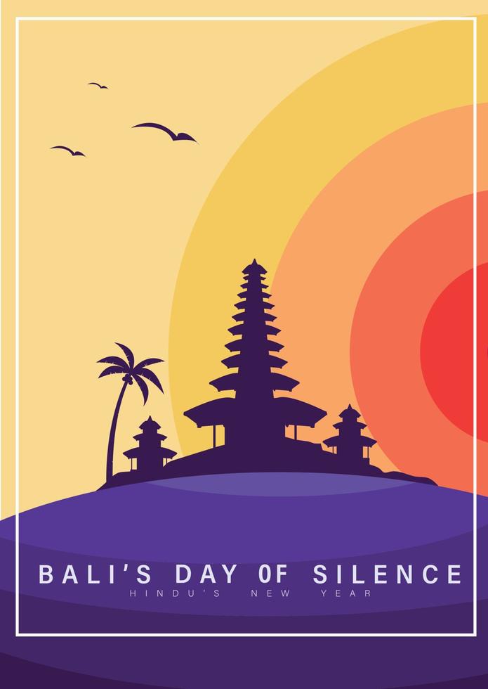 happy bali's dag van stilte en hindoe nieuwjaar vectorillustratie met pura ulun achtergrond, nyepi dag en hari raya saka poster banner vector