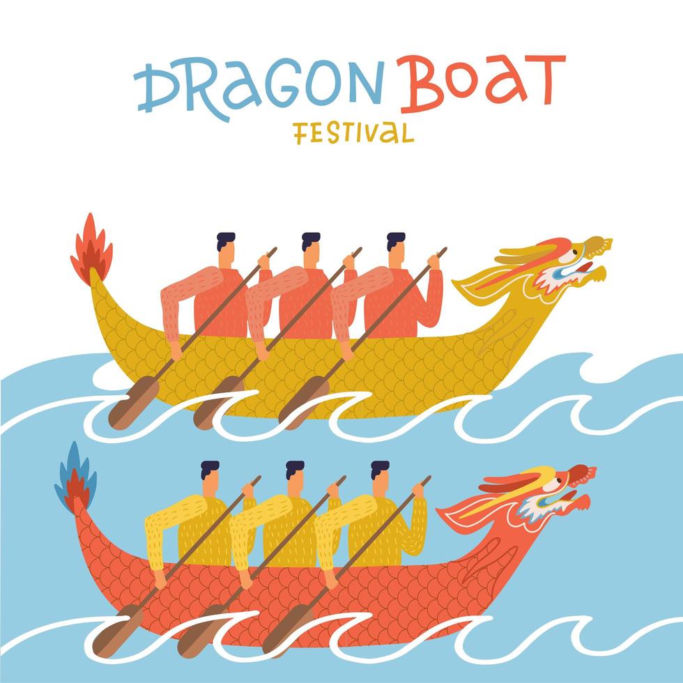 drakenboot festival race poster. twee schepen in race. vector platte cartoon illustratie van een Aziatische vakantie met belettering offerte. platte vectorillustratie.