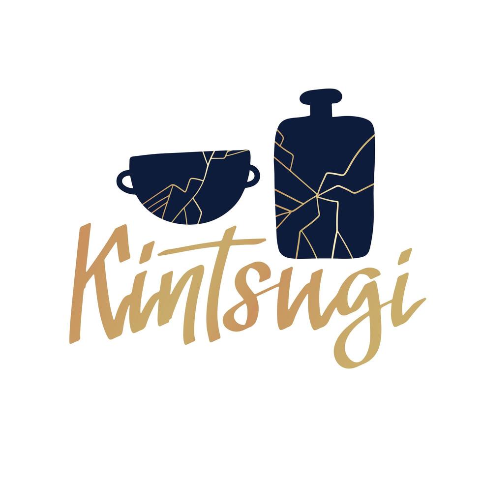 silhouet van gebarsten kom en fles. eenvoudig icoon van kintsugi met kalligrafietekst. zwarte afbeelding van goud gerepareerd aardewerk. plat geïsoleerd vectorpictogram op witte achtergrond vector