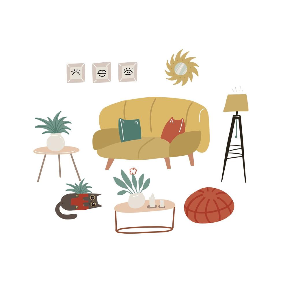 retro meubels en interieur compositie in vlakke stijl met bank en fauteuils, tafel en interieuraccessoires, staande lamp en vaas geïsoleerd op een witte achtergrond. platte vectorillustratie vector