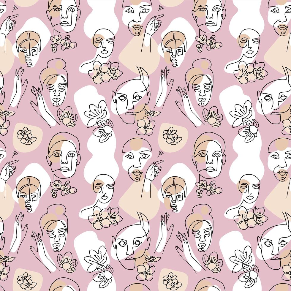 naadloos patroon met vrouwengezichten, kersenbloemen en abstracte vormen op lichte achtergrond. vlakke lineaire vectorillustratie. vector