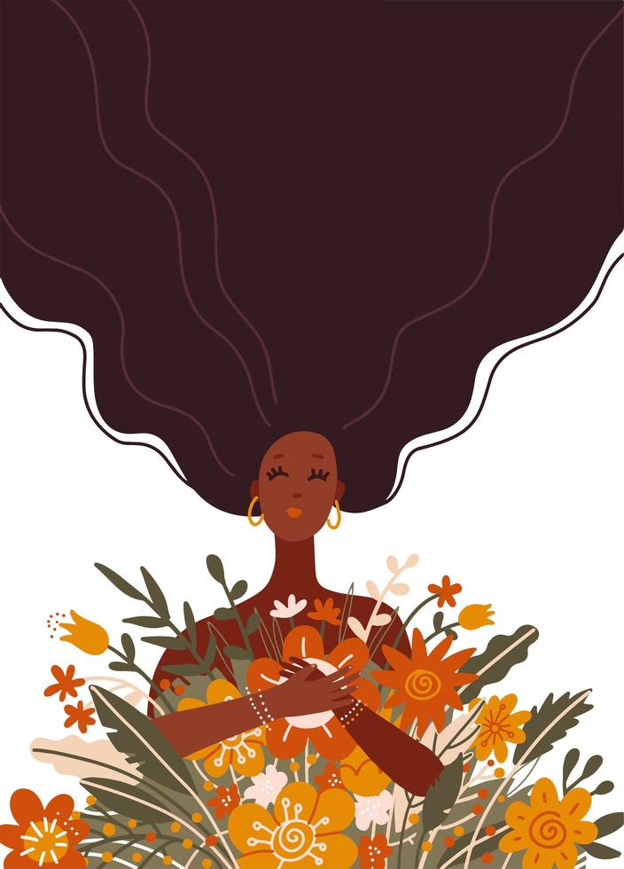 schattig lang haar zwart meisje met een boeket bloemen. vector platte vectorillustratie. ontwerp voor de vakantie van de lente, verjaardag, verjaardag, natuurbeschermingsvakantie