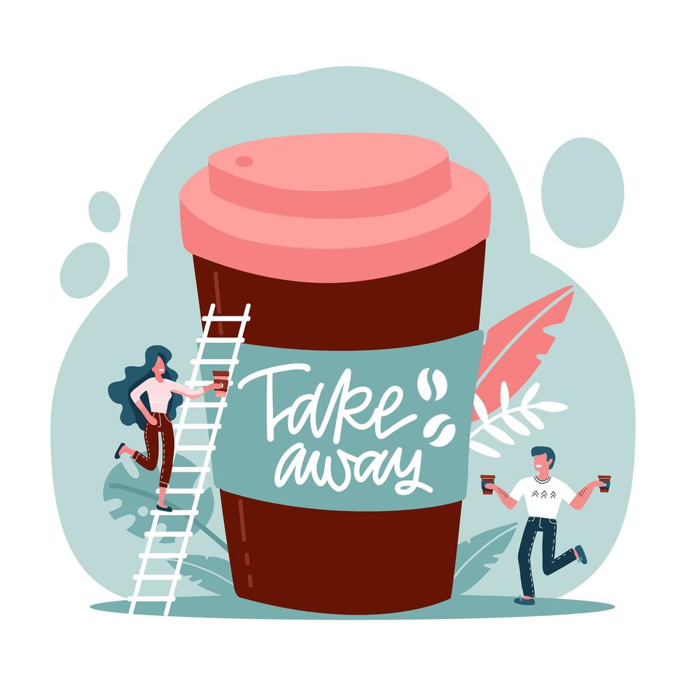 grote wegwerpkoffiekop en uitgeputte karakters die koffiekopjes in handen houden. koffie voordelen concept voor webbanner, websitepagina. platte vectorillustratie met belettering - take away vector