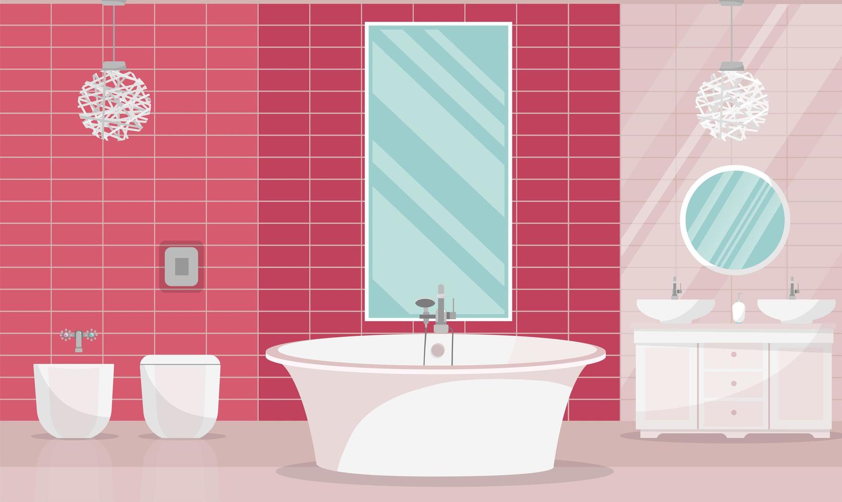 moderne elegante rijke badkamer interieur met badkuip. badkamermeubel - ligbad, standaard met twee wastafels, grote verticale spiegel, toilet, bidet, kroonluchter. platte cartoon vectorillustratie vector