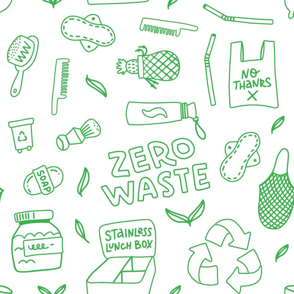 nul afval naadloos patroon voor ecologische levensstijl en duurzame ontwikkeling. lineaire pictogrammen stijl illustratie in doodle stijl met belettering tekst. vector