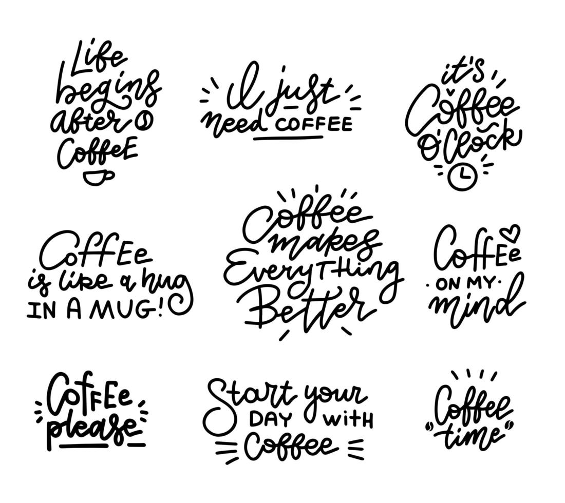 koffie gerelateerde hand getrokken lineaire kalligrafie citaten vector illustraties set.