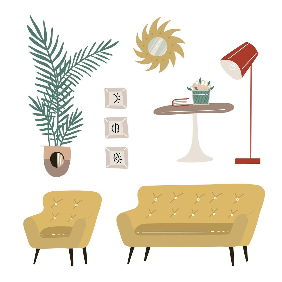 set van moderne scandi interieur designelementen. fauteuil, tafel, bank, tapijt, spiegel, lamp, planten en foto's. trendy hygge-huisontwerp. platte hand getekende vectorillustratie vector