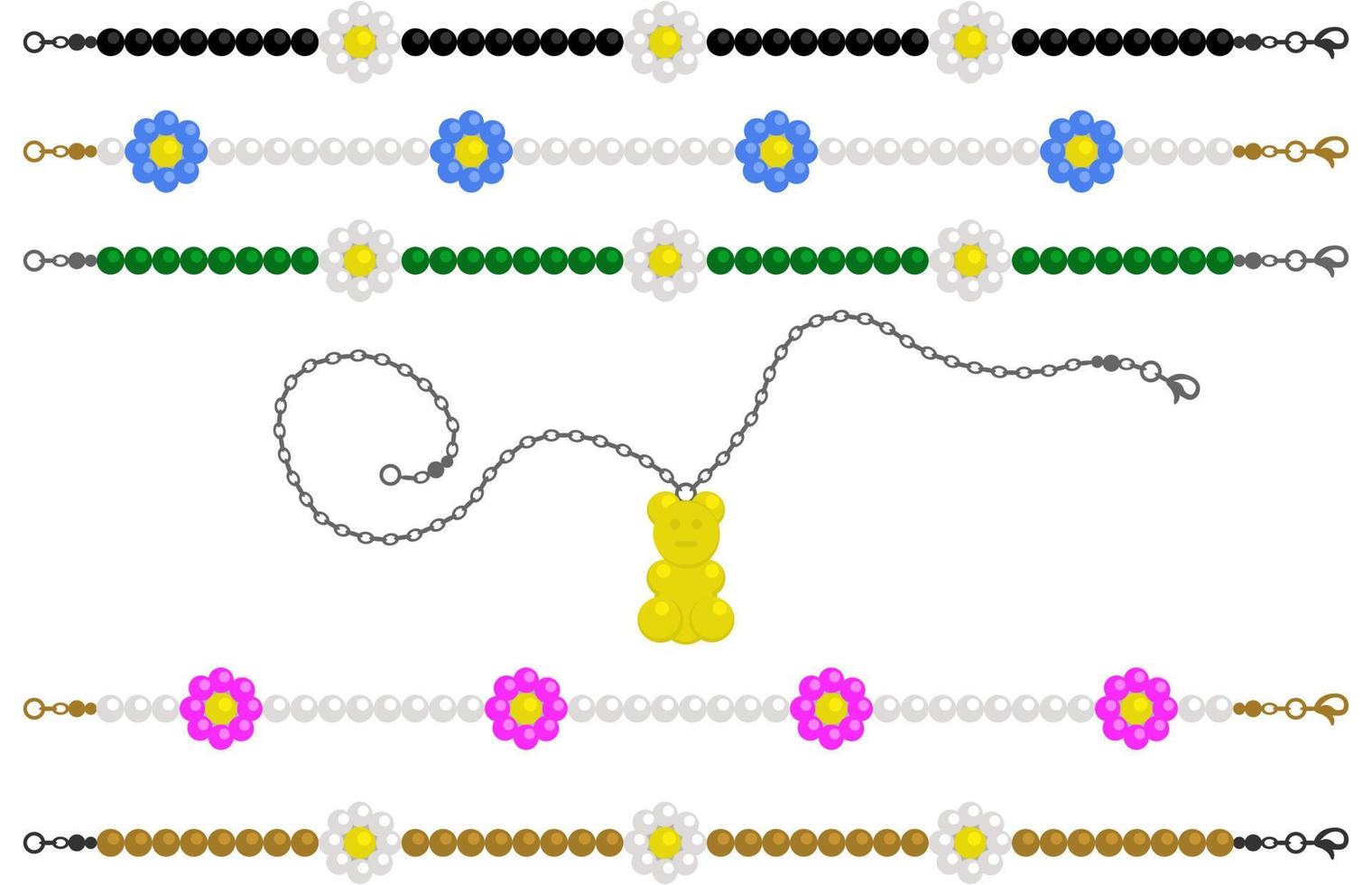 vector geïsoleerde set van verschillende bijouterie met camomiles en jelly bear.