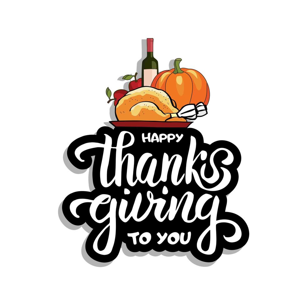 hand getekende happy thanksgiving diner typografie poster. pompoen, appels, gebakken kalkoen en fles rode wijn tekening voor briefkaart, pictogram of badge. herfst vector wenskaart met handgetekende letters