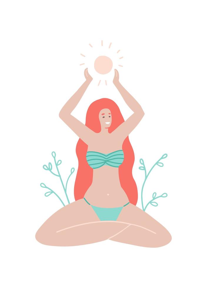 zomer wenskaart. een meisje met lang haar in een zwempak zit in de lotushouding en houdt een bedrag in haar armen. vector voorraad vlakke afbeelding in platte boho-stijl.
