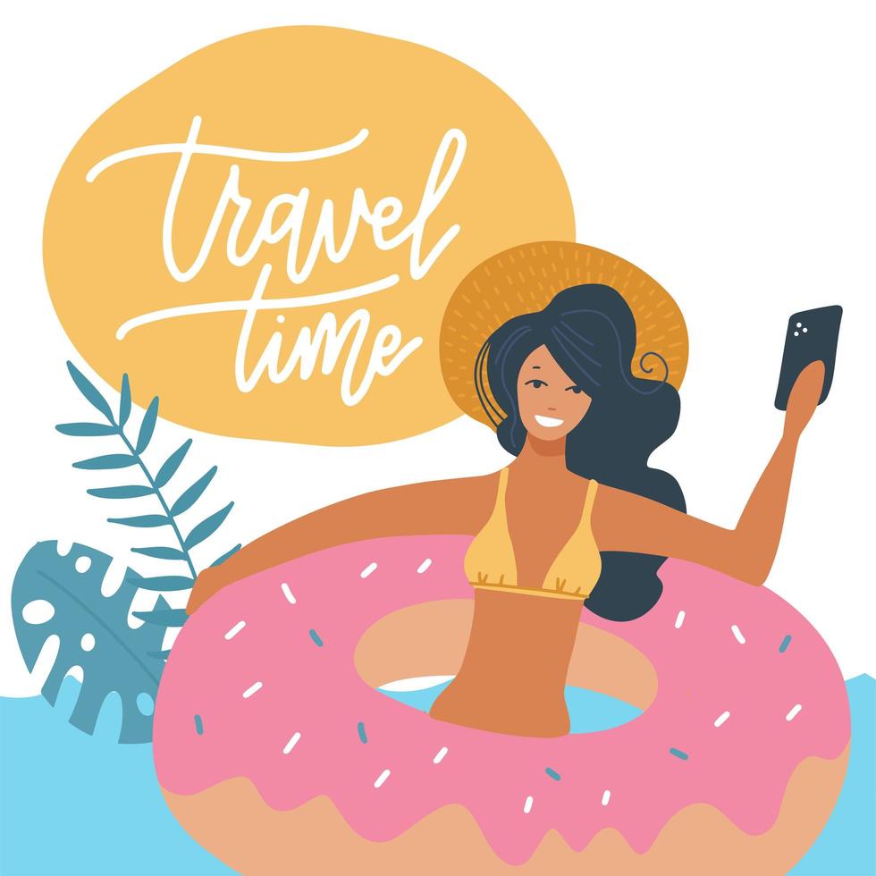 jonge vrouw in zwembroek ontspannen op een rubberen opblaasbare donut ring in de zee of het zwembad platte vectorillustratie. het meisje op een zomervakantie selfie maken. reistijd belettering offerte vector