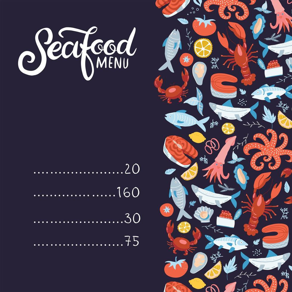 zeevruchten menu. set van kleurrijke zeevruchten elementen-langoesten, kreeft, krab, garnalen, citroen met octopus, schelpen, oesters, zalm, vis en specerijen, schaaldieren. platte hand getekende illustratie met belettering. vector