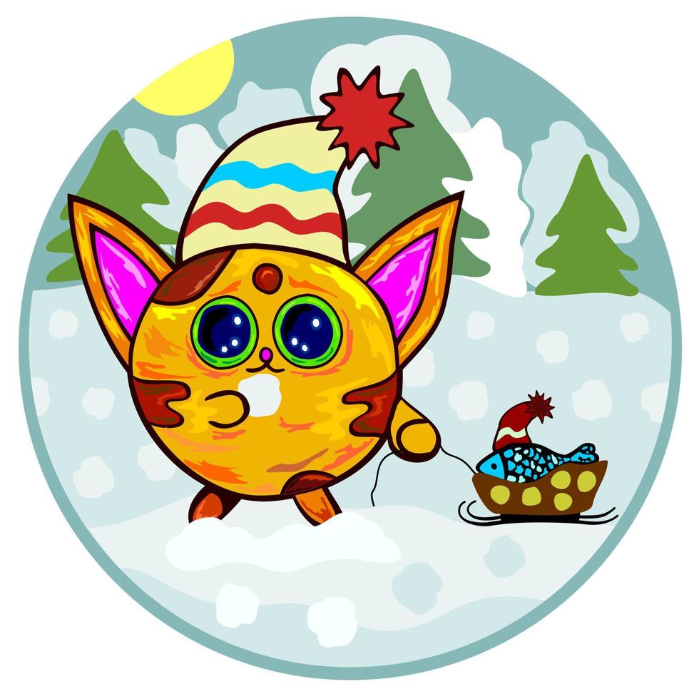 kat in winterbos met een vis in slee. vector cartoon afbeelding in een cirkel.