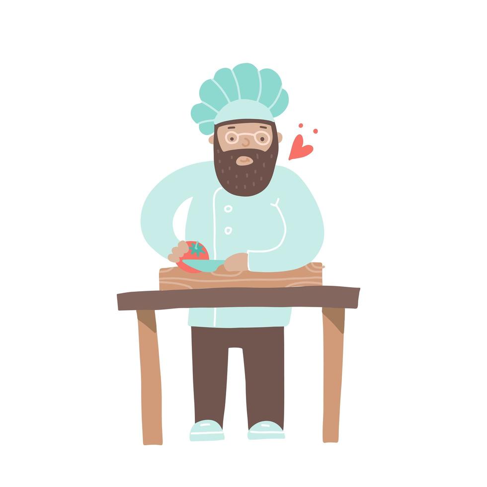 chef-kok snijden tomaat op een houten bord. kook karakter in hoeden koken in de keuken. cartoon vlakke stijl vectorillustratie vector