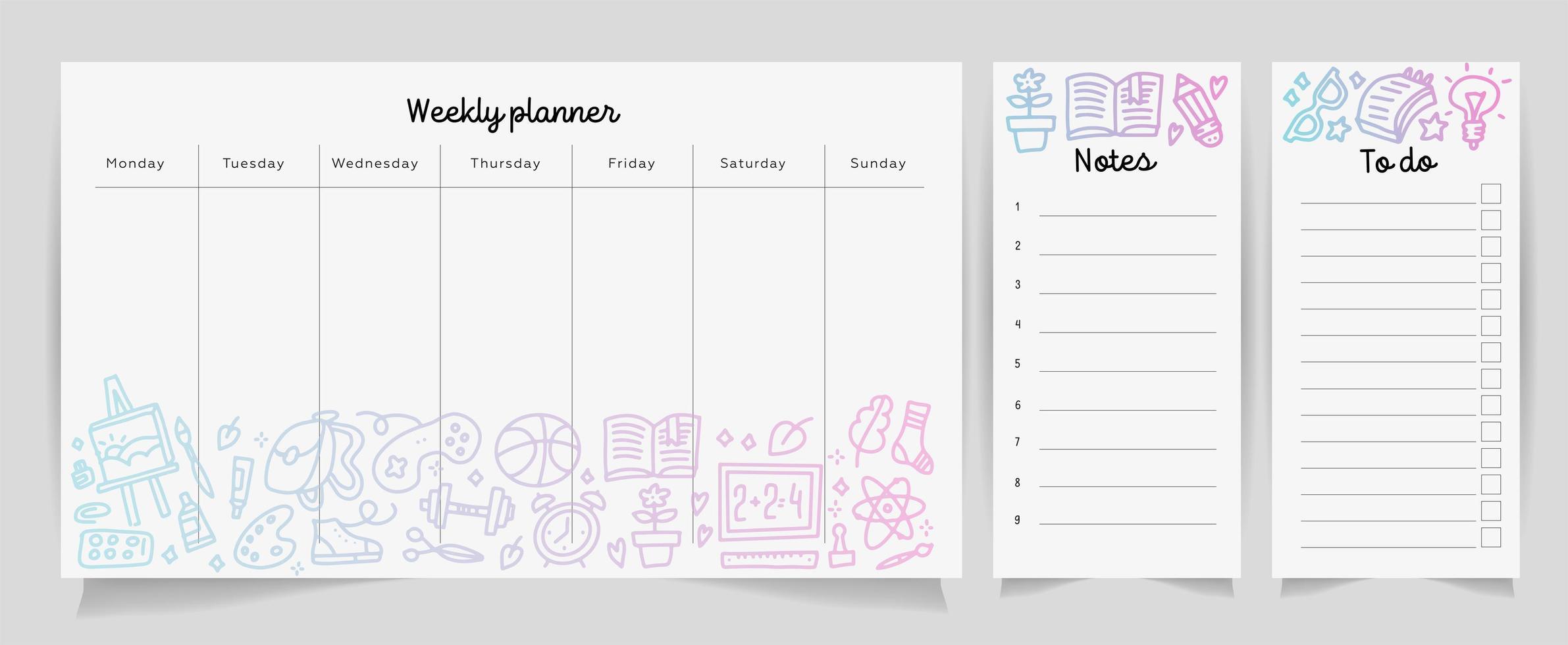 wekelijkse planner sjabloon concept met schoolbenodigdheden gradiënt structuurpatroon. geïsoleerde organisator en schema met notities en takenlijst. vectoreps 10. vector