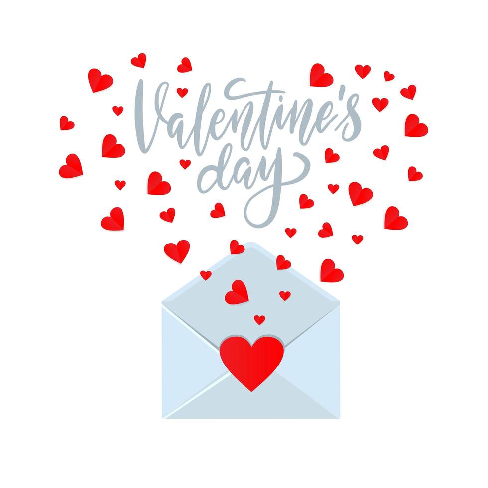Valentijnskaartsjabloon - geopende envelop met uitgesneden harten die eruit vliegen. platte vectorillustratie met handschrift vector