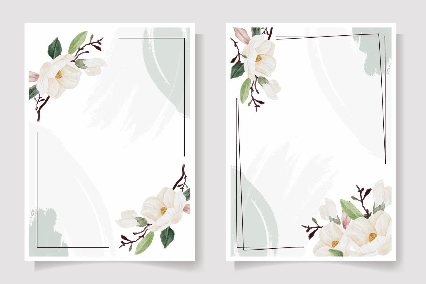 aquarel hand getekende witte magnolia bloem en groen blad tak boeket bruiloft uitnodiging kaartsjabloon collectie vector