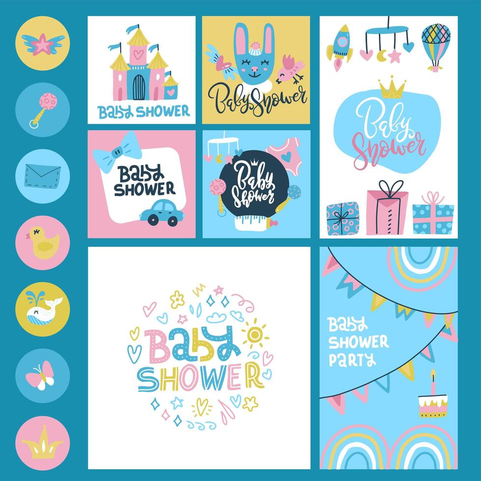 babydouche of aankomst grote set - tags, banners, labels, kaarten met kinderachtige karakters, speelgoed en belettering. platte hand getrokken doodle illustratie. vector