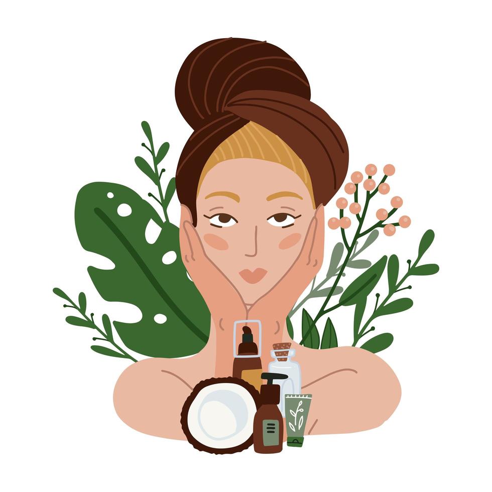 mooi meisje met handdoek en kokosnoot natuurlijke cosmetica. spa schoonheid gezichtsverzorging. vrouwen met schoonheid planten en bloemen op de achtergrond. platte vectorillustratie vector