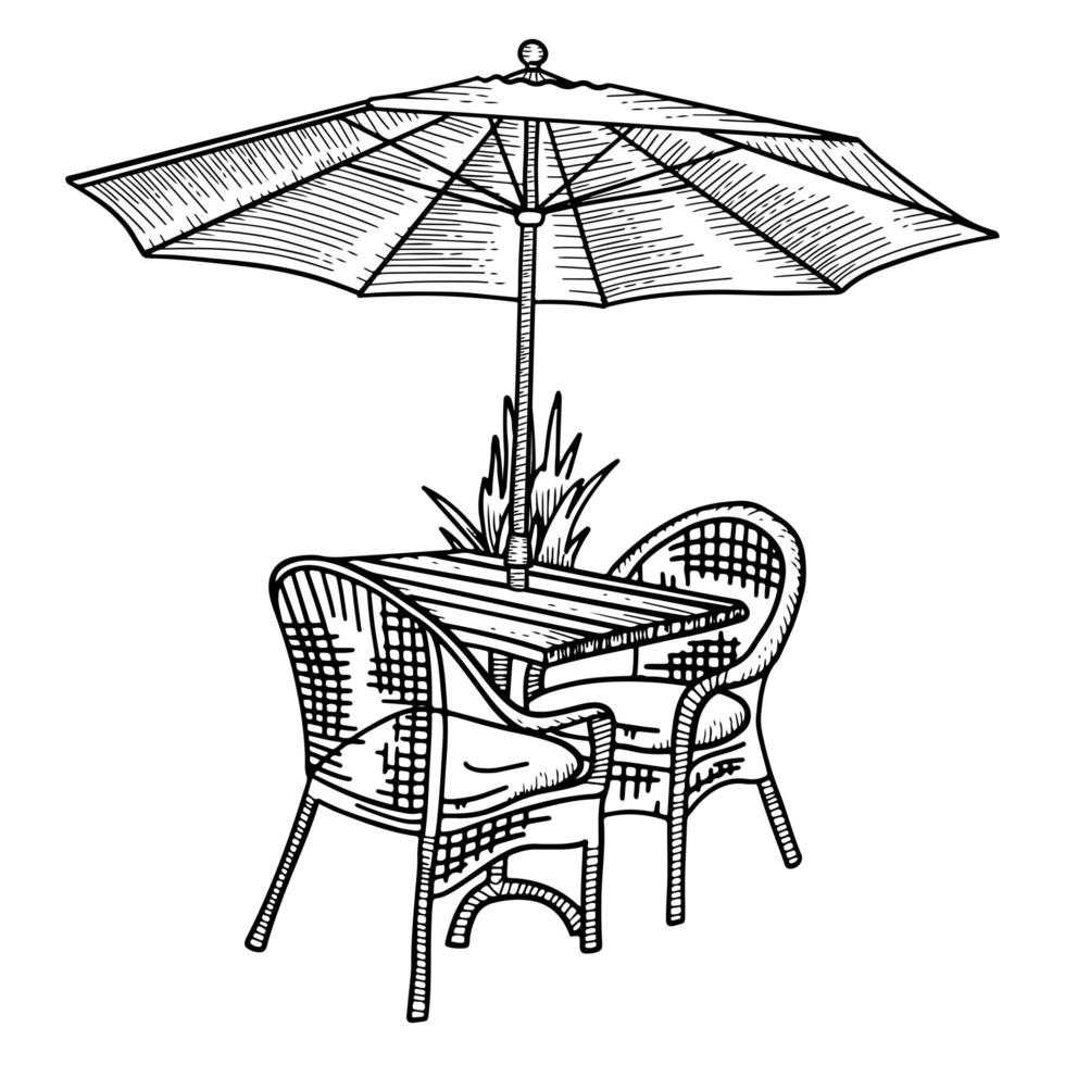 houten tafel en twee rieten stoelen onder parasol. vector schets hand getekende illustratie. zwart en wit straatcafémeubilair