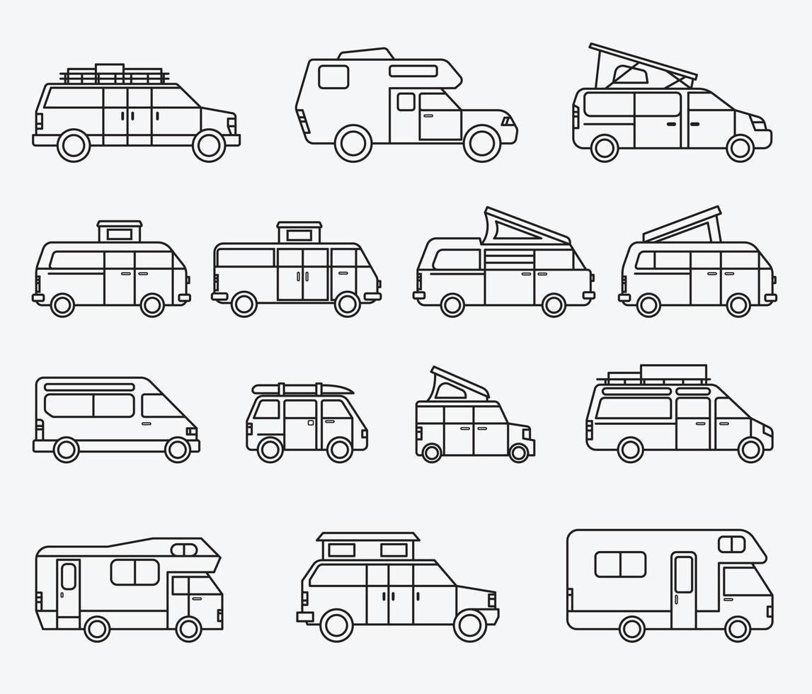 kampeerauto en recreatievoertuig platte ontwerpcollectie. vector