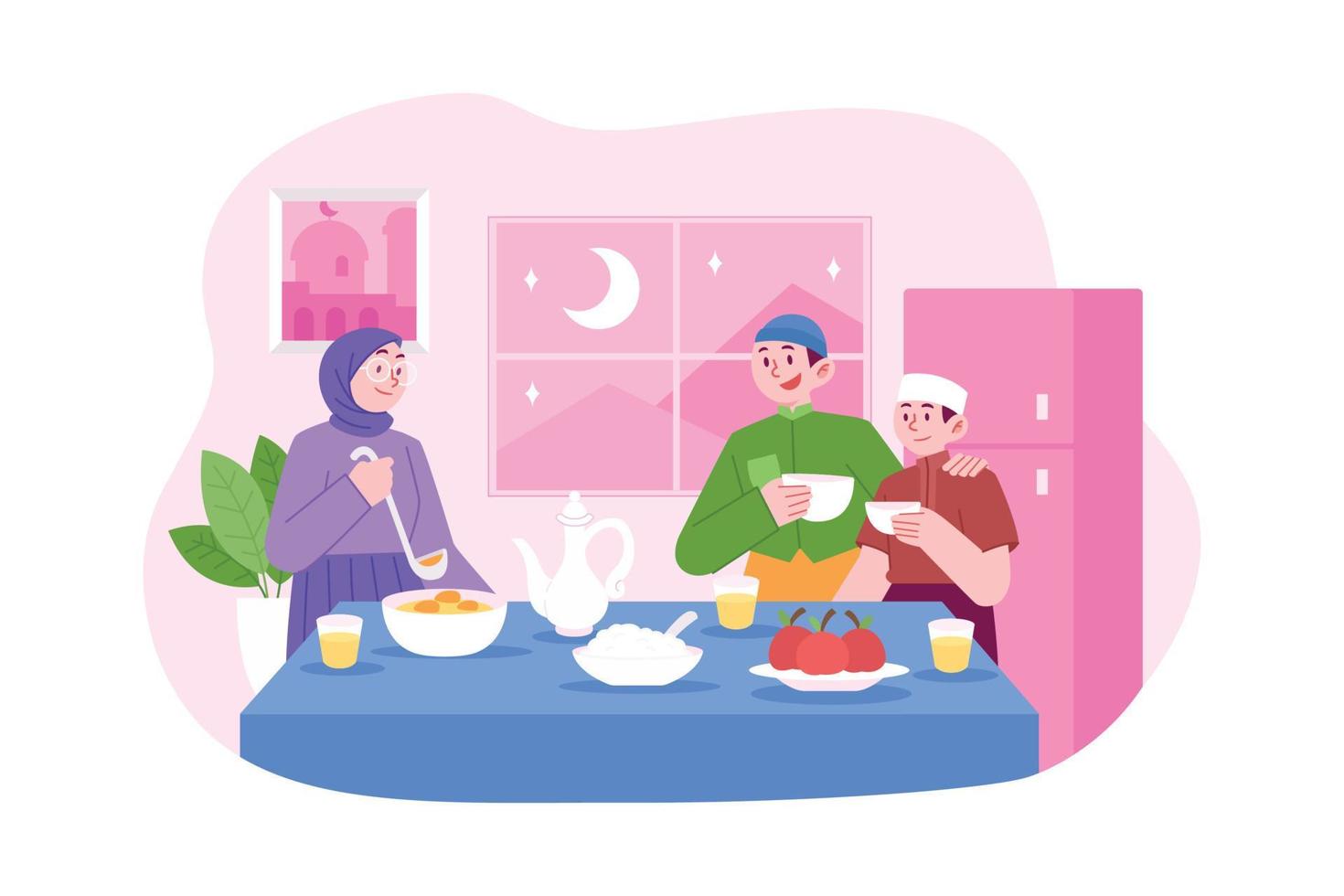 ramadan kareem mubarak concept vector illustratie idee voor bestemmingspagina sjabloon, islamitische familie ramadan feestdata, mensen bidden voor het ontbijt voor de heilige maand, handgetekende vlakke stijl
