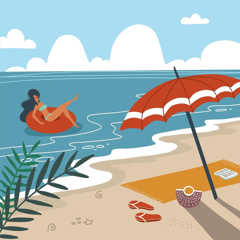 tropisch landschap. palmbomen en tropische planten. zeegezicht. strandlaken met parasol op het strand. vrouw in badkleding drijvend op rubberen ring in golven van de zee. platte vectorillustratie vector