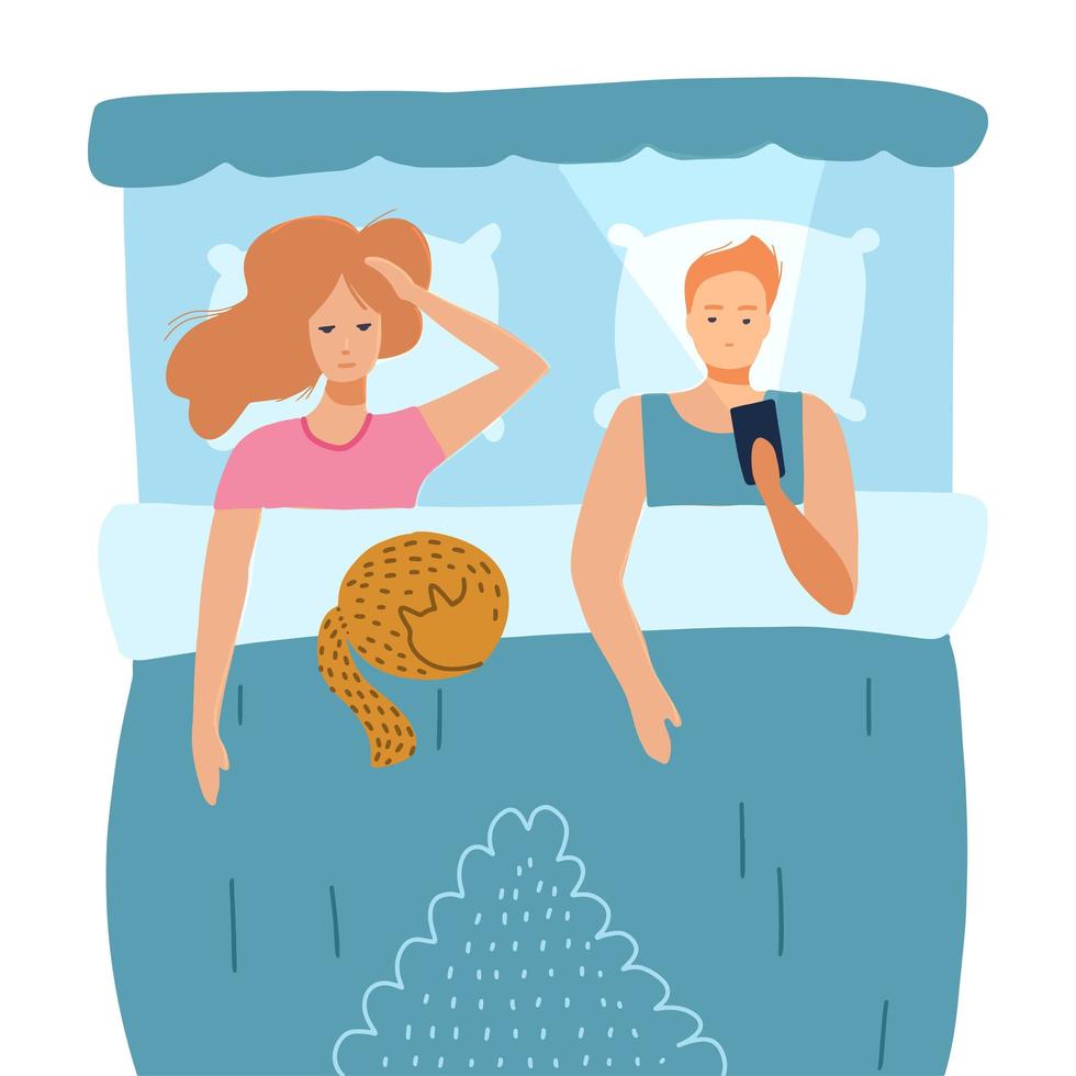 slapeloze paar jonge mensen. slapeloosheid begrip. bovenaanzicht. man en vrouw die in het bed liggen. vector teken illustratie in een vlakke stijl.