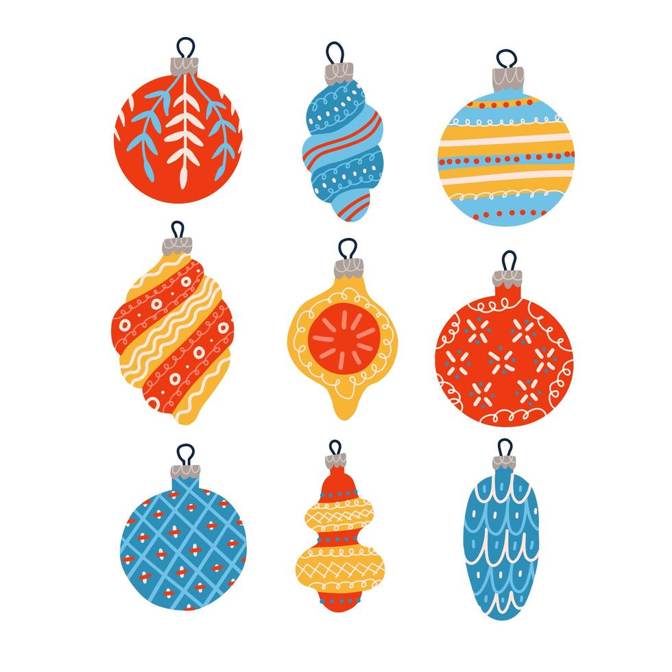 kerstspeelgoed in de collectie scandinavische stijl. set handgetekende kerstballen. Kerstdecoratie geïsoleerde elementen. doodles platte vectorillustratie. vector