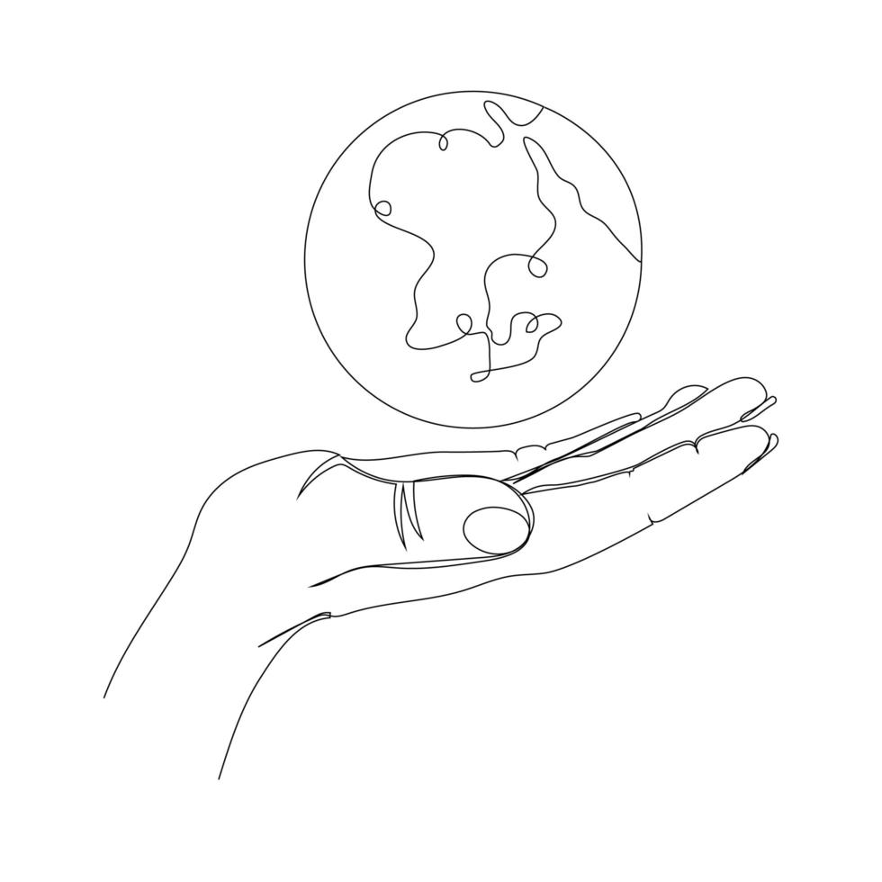 continue één lijntekening. hand met earth globe. vectorillustratie. vector