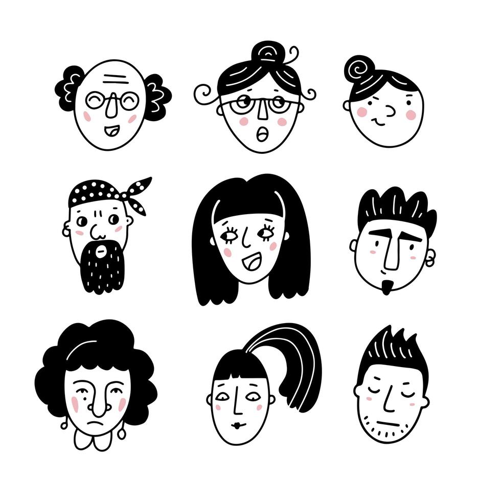 set van mensen gezichten voor sociale media. doodle zwart op wit portretten van mannen en vrouwen, meisjes en jongens. trendy handgetekende hoofd iconen collectie. vectorillustratie. vector