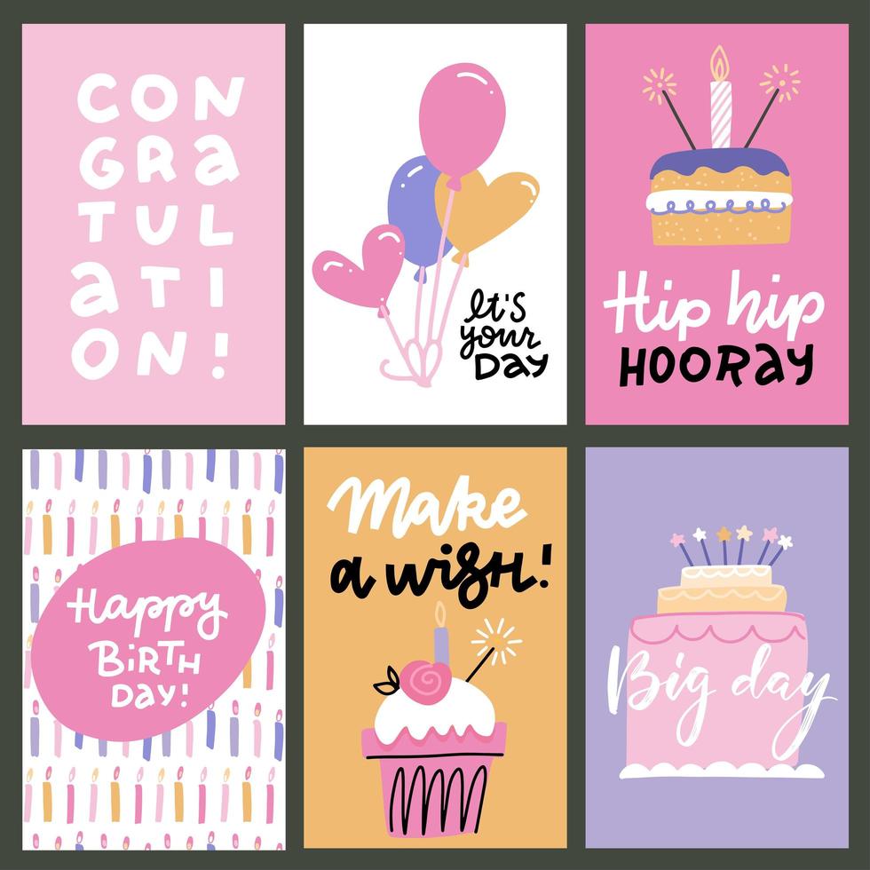 set van 6 leuke creatieve kaartsjablonen met een happy birthday thema-ontwerp. handgetekende kaart voor verjaardag, feestuitnodigingen, scrapbooking. vector platte hand getekende illustratie met belettering