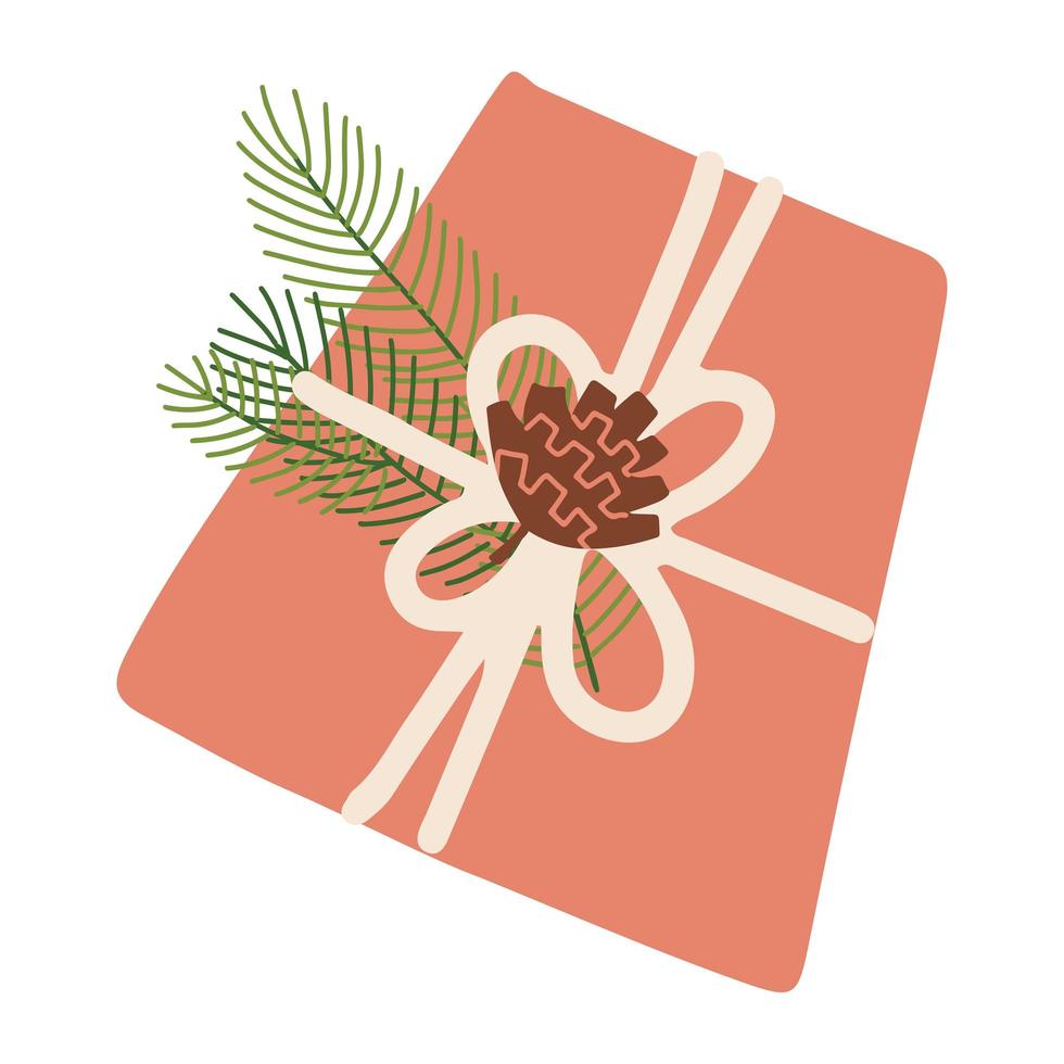 kerstcadeau in inpakpapier. feestelijke geschenkdoos met naaldkegels en dennentakken. uit de vrije hand geïsoleerd element. platte vectorillustratie. slechts 5 kleuren - gemakkelijk opnieuw te kleuren. vector