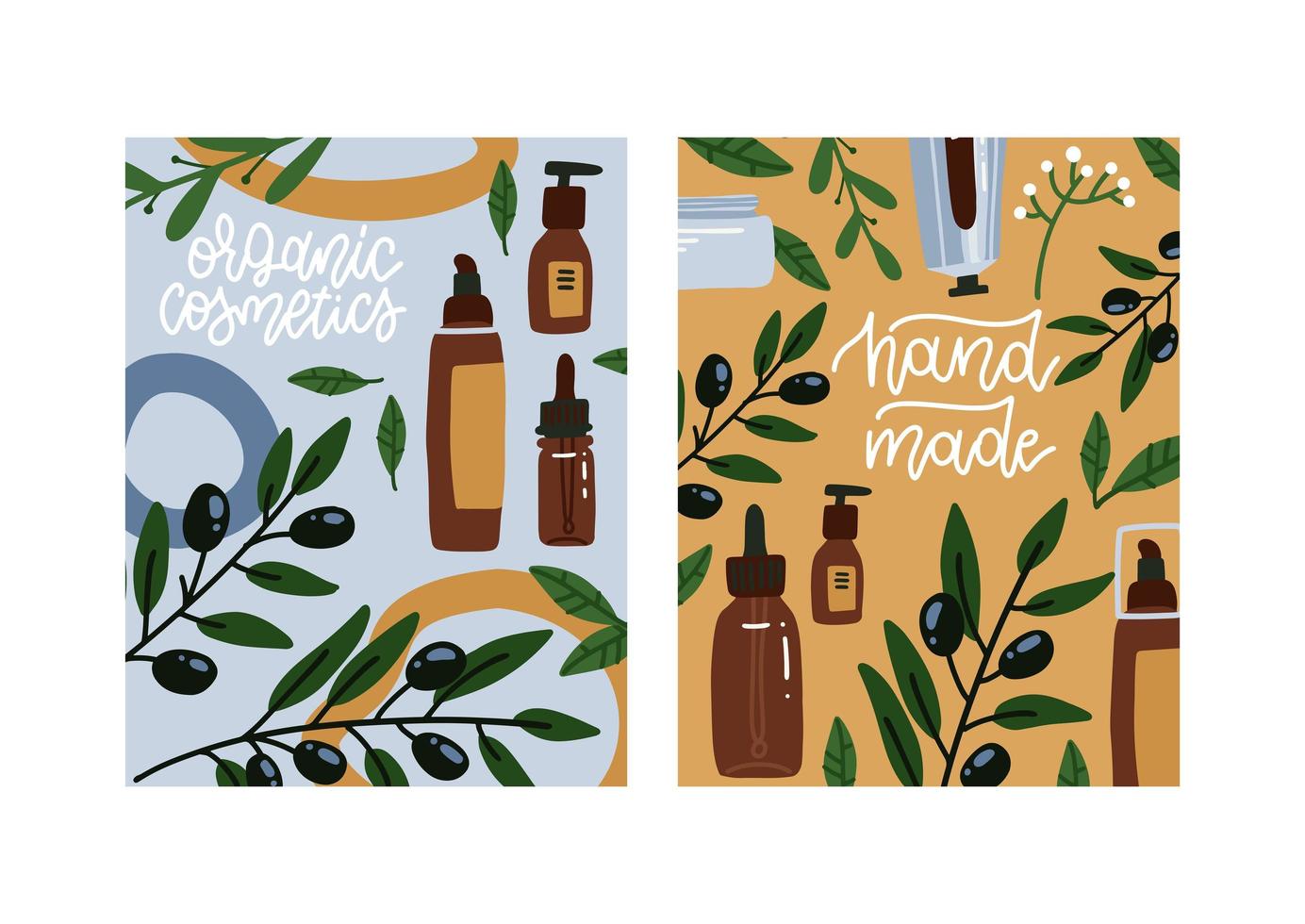 set olijf natuurlijke cosmetische verticale banners. achtergrond met hand getrokken olijftakken. ontwerp voor cosmetica, make-up, schoonheidssalon, natuurlijke en biologische producten, gezondheid. platte vectorillustratie. vector